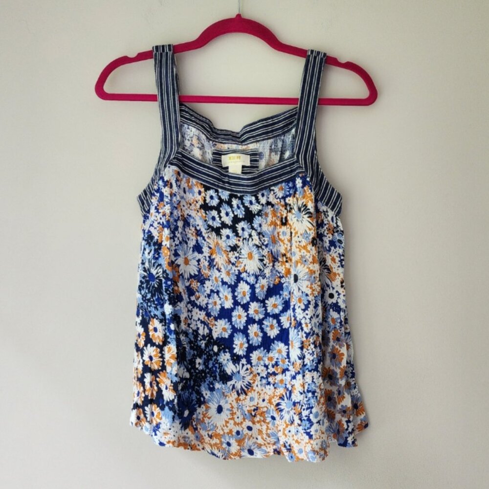 Maeve by Anthropologie Caryn Square Neck Tank Top | Small | Blue Floral Stripe
